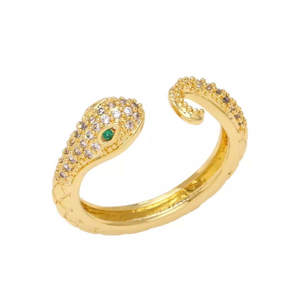 Pave Snake Shape Ring 18k Gold Plated Stainless Steel Free Size - Hypoallergenic